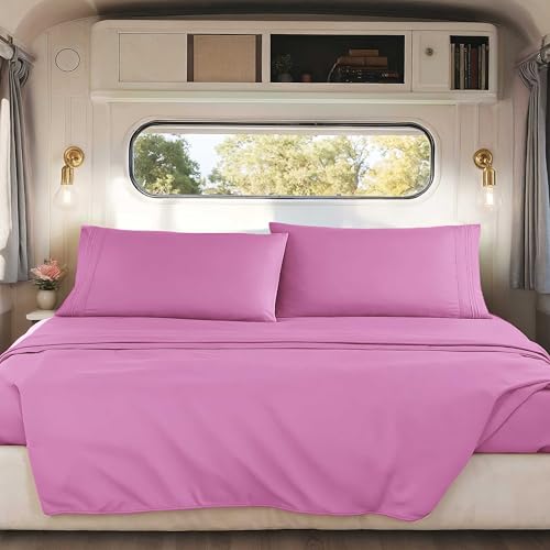 Nestl Light Pink Short Queen Sheets for RV, Hotel Luxury RV Queen Sheets Set, 4 Piece Fitted Bed Sheet Set and Pillowcases, Super Soft, Wrinkle-Free, and Breathable Camper Bedding
