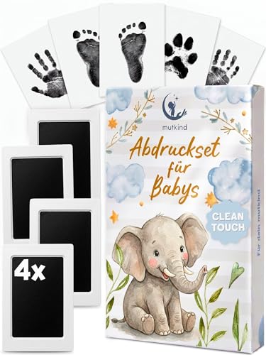 Mutkind® Baby Abdruckset (Geschenk zur Geburt) I 0-12 Monate I Für Handabdruck & Fußabdruck I Mit 4x Stempelkissen & 6x Abdruckkarten I Baby Erstausstattung Neugeborene I Babygeschenke Mädchen & Junge
