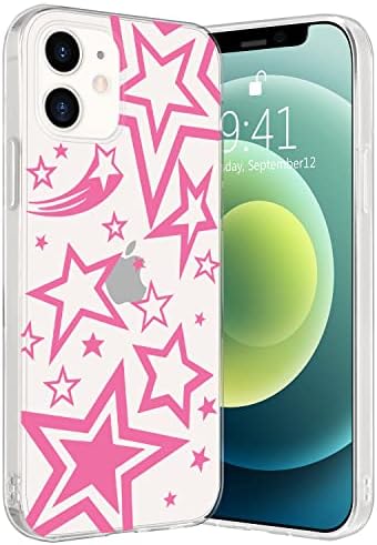 Idocolors Star Phone Case Clear Case for iPhone 13,Girly Hot Pink Printted Protective Shell Transparent Unique Design Anti-Yellowing Soft TPU Bumper Ultra Slim Shockproof Cover for iPhone 13