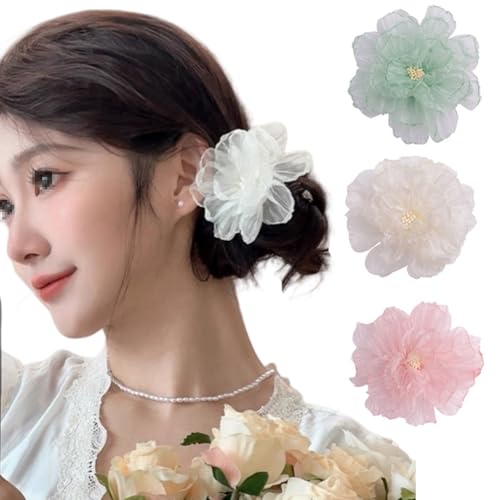 3Pcs Organza Flower Hair Clips Flower Hairpins Floral Barrette Hair Clips Hawaiian Hair Accessories for Women Girls Vacation Beach Party (Random Color)