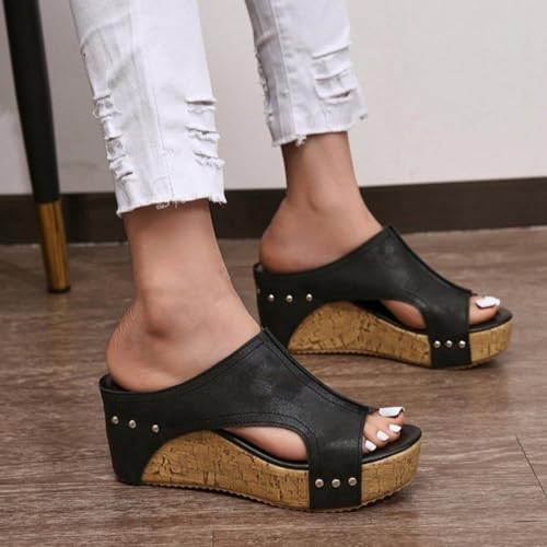 Cork Wedges for Women,Women's Comfy Leather Wedge Non-Slip Platform Slides,Summer Thick Sole Lightweight Sandals(Brown,US 7)2