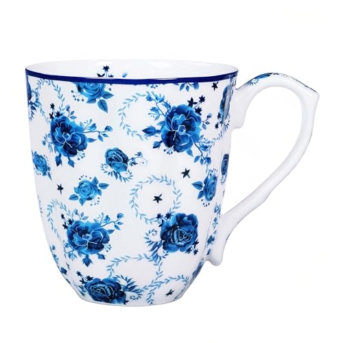 PMNING 14oz Bone China Floral Mug – Floral Coffee Mug for Women Men, Bone China Coffee Tea Mug with Comfort Handle, Elegant Flower Coffee Mug Christmas Birthday Gifts for Dad Mom Friend