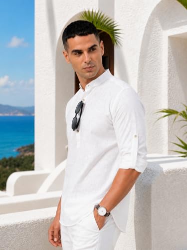 Image of Majestic Man Men's Pure Cotton Solid Mandarin Collar Slim Fit Roll-Up Sleeves Short Kurta Lightweight Summer Kurta for Daily & Occasion Use