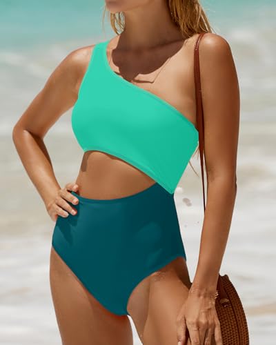 Image of Women's One Piece Swimsuit- One Shoulder Cutout Tummy Control Bathing Suit