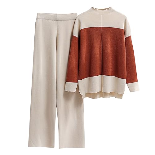 Generico Conjunto de Mujer 2 Piezas de Jersey Elegante Cómodo Conjunto de Jersey de Lana Casual Cuello Redondo Suéter y Pantalones de Pierna Larga Trabajados Suave Completo para el Hogar Elástico