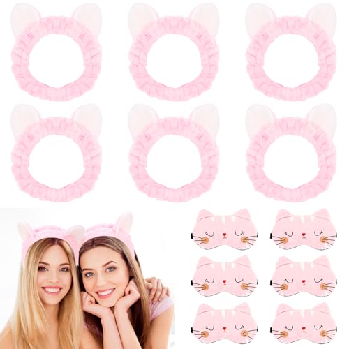 Casoty 12 Pcs Cat Ears Headbands with Sleep Eye Masks Set, Slumber Party Favors, Makeup Headband, Spa Headband for Face Washing Shower Yoga Spa Pajama Party