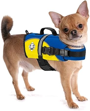 Paws Aboard Dog Life Jacket - Keep Your Canine Safe with a Neoprene Life Vest - Designer Life Jackets - Perfect for Swimming and Boating - Blue and Yellow, XX-Small