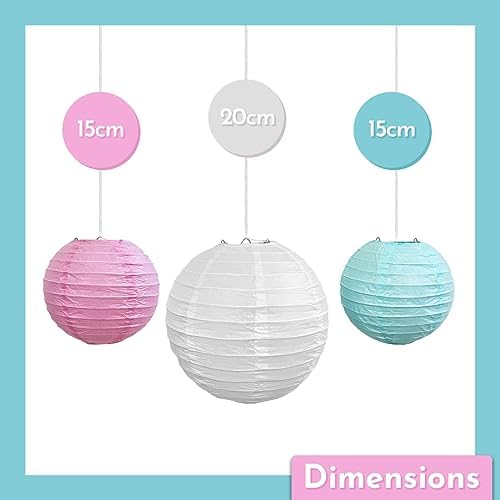 Pastel Hanging Lanterns by Kissymix - Pack of 9 Pastel White, Blue and Pink Paper Lanterns for Birthday Parties, Baby Showers, Nurseries and Crafting