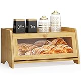 JANSNIMEN Bread Box for Kitchen Countertop, Large Bread Container Storage, Wooden Farmhouse Bread Box with Window Bread Holder (Natural Bamboo)