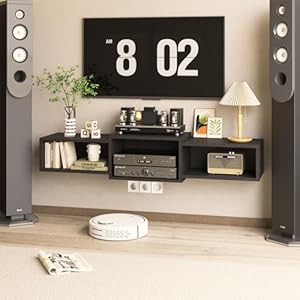 IBUYKE Floating TV Stand Wall Mounted with Power Outlet,Modern Wood Wall Mounted Media Console Shelf,Floating Entertainment Center for Under TV Storage for Living Room Bedroom Office,Black WST001B-