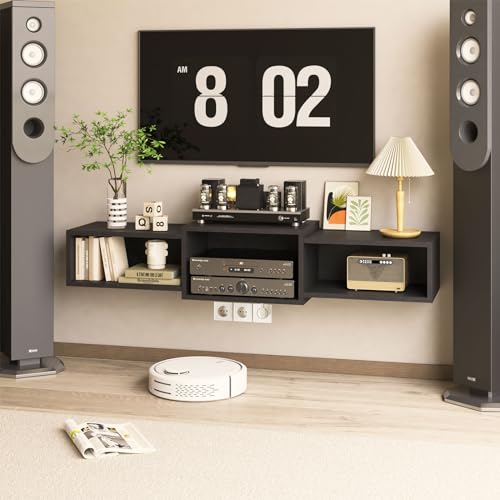 IBUYKE Floating TV Stand Wall Mounted with Power Outlet,Modern Wood Wall Mounted Media Console Shelf,Floating Entertainment Center for Under TV Storage for Living Room Bedroom Office,Black WST001B- by IBUYKE - Used condition - US$52.56