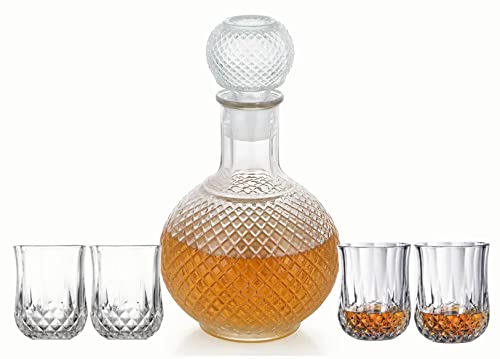 Whiskey Decanter Set–28 OZ Elegant Liquor Carafe with Ornate Solid Glass Stopper and 4 Matching Whisky Tumblers–Scotch, Liquor, Whisky, Bourbon, Gin, Rum, Tequila, Vodka and Brandy