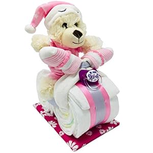 Kleines Windelmotorrad Schlafbärchen Girl in rosa. Geschenk zur Geburt Taufe Mädchen Windeltorte (Rosa-Beige)