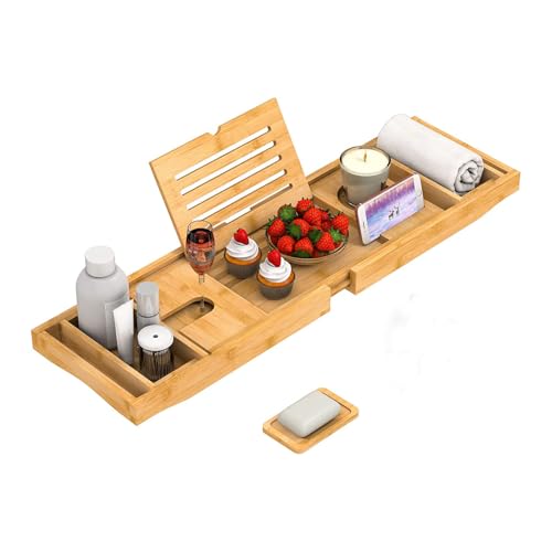 MantraRaj Bamboo Bath Tray - Extendable Bath Caddy Trays for Bathtub Accessories with Tablet Phone Slots, Candle Mug/Cup Holder, Bathroom Organiser, Bath trays for across the bath with Soap Holder