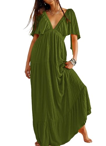 Image of Kikibell Women Summer Dresses Sexy V-Neck Maxi Dress Tiered Silhouette with Flutter Sleeve Backless Elastic Waist Flowy Dress