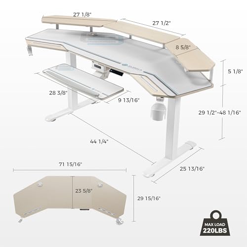 Image of EUREKA ERGONOMIC Standing Desk with Keyboard Tray, Large Music Studio Gaming Desk, Wing Shaped Sit Stand Table 72'', LED Convertible Shelves, Dual Motor&Slot, Maple