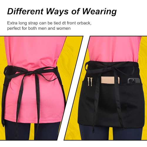 Server Waitress Waist Apron - Half Apron with 3 Pockets,2 Pack Black Short Aprons for Servers,Waiter Apron3