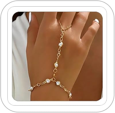 Hand Chain Rings Bracelets for Women Dainty Gold Finger Bracelet Ring Hand Chain Bracelets Butterfly Heart Pearl Hand Jewelry Ring Bracelet for Women Summer Trendy Stuff