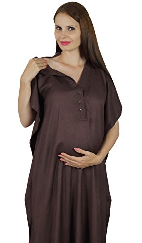 Bimba Maternity Kaftan Belt Nursing Night Gown, Front Buttons Brown #TOP3
