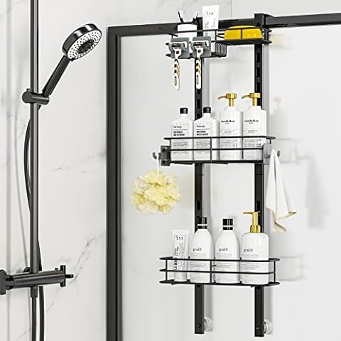 ODesign Over The Door Shower Caddy, 3-Tier Adjustable Hanging Shower Caddy with Soap Holder & 4 Hooks, Rustproof Bathroom Shower Organizer with Suction Cup, Shower Rack for Shampoo Razor - Black Cover