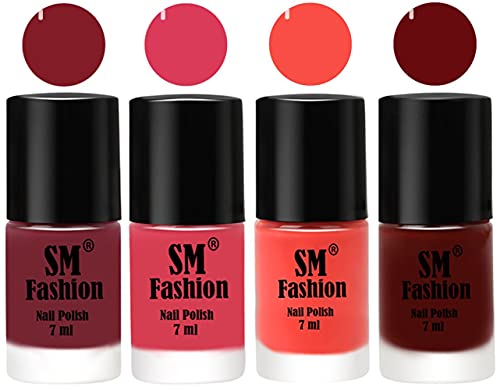Image of Nail Polish Combo Set (Pack of 4) Quick Dry Gel Finish Nail Paint | Lip,Rose,Coral,Wine Red | 7 ml Each