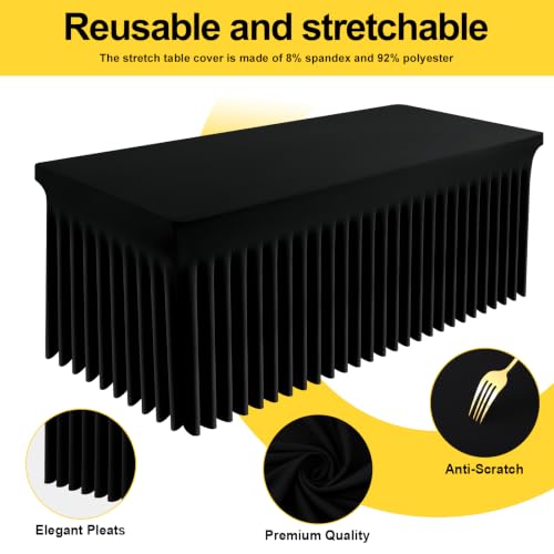 Image of Smiry Spandex Elastic Fitted Table Cloth Skirt for 8FT Rectangle Table | Stretch Washable Table Cloth, Banquet Table Cover for Wedding, Party, Indoor & Trade Shows, (Black, 96Lx30Wx30H)