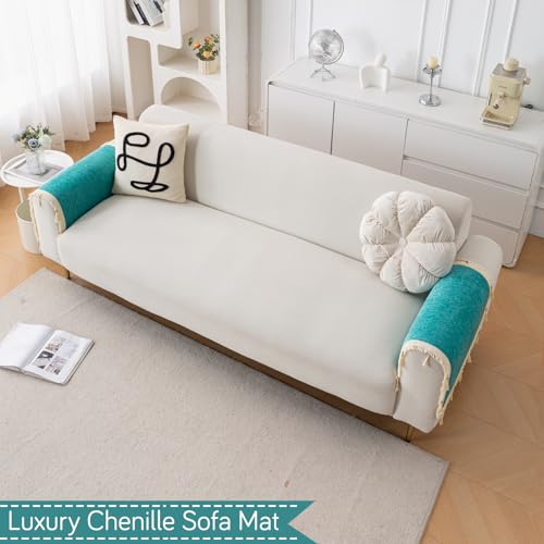 Image of HOKIPO 'Serenity Tassel' Chenille Sofa Arm Cover with Tassels - 1 Pair | Ocean Teal (IN-893-SBL*2)