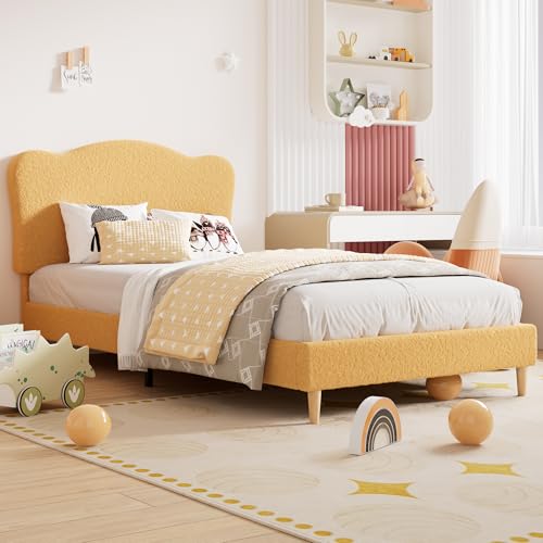 GarveeHome Upholstered Twin Size Bed Frame for Kids with Scallop Headboard, Cute Velvet Twin Bed for Girls, Boys, Sturdy Platform Bed, No Box Spring Needed, Wooden Slats, Noise Free, Yellow