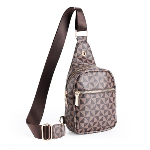 MHX Small Sling Bag for Women, Vegan Leather Checkered Crossbody Bags Fanny Pack Chest Bag with Guitar Strap for Travel Hiking and Daily(Coffee)