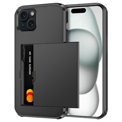 Coolden for iPhone 15 Case with Card Holder Armor Shockproof Case Heavy Duty Protective Case Hard Back Soft TPU Bumper Card Slot Wallet Case Cover for iPhone 15 Phone Case (Black)
