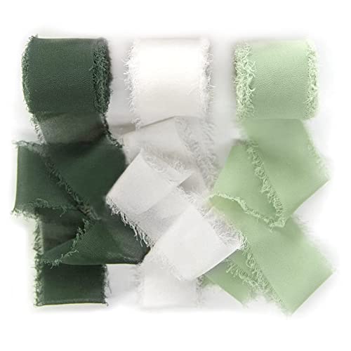 DUGEHO 3 Rouleaux de Ruban Cadeau Fait à La Main en Mousseline de Soie Avec Nœud Ruban Décoratif de Mariage Pour Invitations de Mariage Bouquet de Mariée Emballage Cadeau Décor (Vert Blanc) Cover