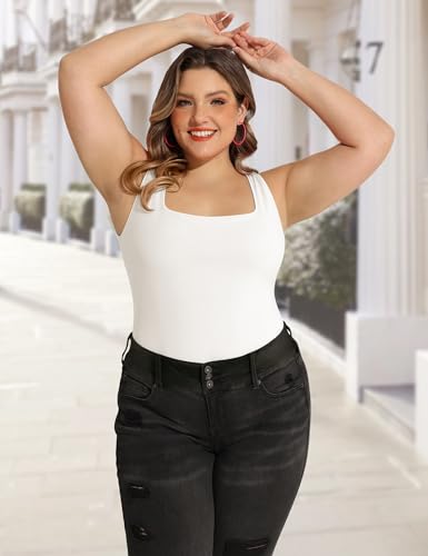 Image of FOREYOND Plus Size Bodysuits for Women Short Sleeves Square Neck Body Suit Tops Casual Basic Slim Fit Shirts Leotards