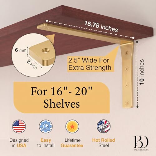 4 Pack Heavy Duty Brass Shelf Brackets 16 Inch by Balin Designs – Decorative L Bracket for Shelves, Metal Shelf Support Bracket, Wall Mounted Countertop Iron Corbels, Floating Gold Shelving Brackets by Balin Designs - Used condition - Image 2
