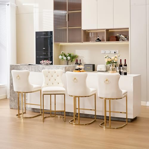 Image of UVV Counter Height Bar Stools Set of 6, 26 inch Modern Barstools with Back, Velvet Upholstery Counter Chairs with Metal Legs for Kitchen Island, Bar, Counter, Beige