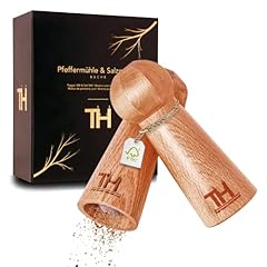 Thiru Profi Salz und Pfeffermühle Set - patentiertes Keramikmahlwerk - inkl. Untersetzer & Reinigungspinsel - Eiche Massivholz groß