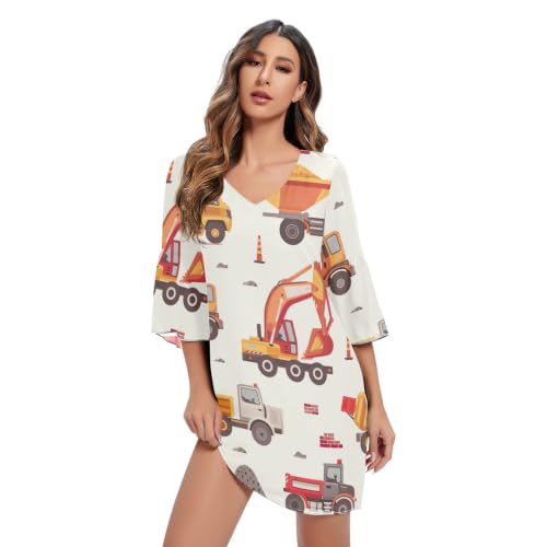 Robe hawaïenne femme légère col V beige imprimé camion dessin animé