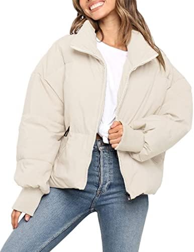 ZESICA Women's Winter Warm Long Sleeve Zip Up Drawsting Baggy Cropped Puffer Down Jacket Coat Outerwear,Cream,Medium