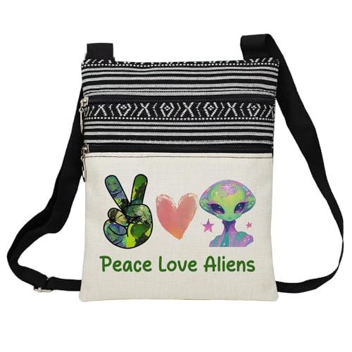 Peace Love Aliens Messenger Bag Small Ethnic Pattern Printed Adjustable Strap Crossbody Zipper Bag Phone Bag Wallet Cute Shoulder Handbag for Alien Lovers Women