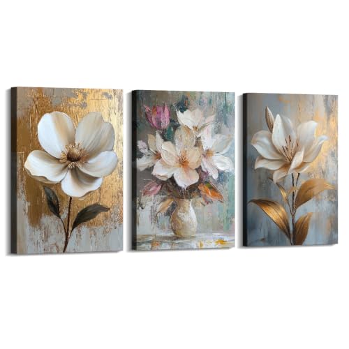 Toile murale abstraite vintage | Tableau fleur encadré 3 pièces pour salon