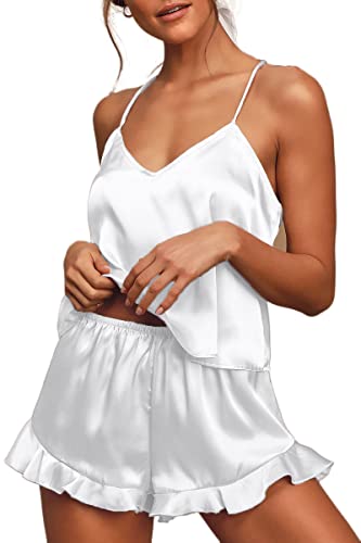 Chyrii Women's Sexy Cami Pajamas Sets Silk 2 Pcs Lounge Sets With Ruffled Shorts Sleepwear White S #TOP2
