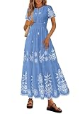 PRETTYGARDEN Boho Dresses for Women 2026 Summer Spring Casual Floral Short Sleeve V Neck Maxi Elastic Waist Dress Pockets (Light Blue White Flower,Medium)