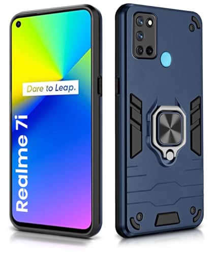 Image of WOW IMAGINE Shock Proof Back Case Mobile Cover for Realme 7i | Back Cover Case (Tough Armor | Hybrid PC + TPU | Ring Holder & in-Built Kickstand | Blue)