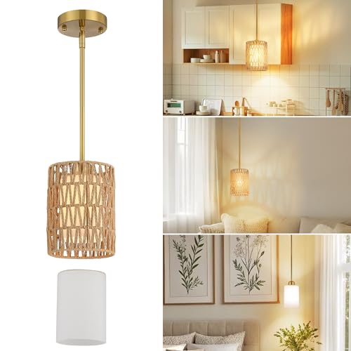YKLITG 6 in. Mini Gold Rattan Pendant Light, 2-in-1 Glass & Rattan Shade