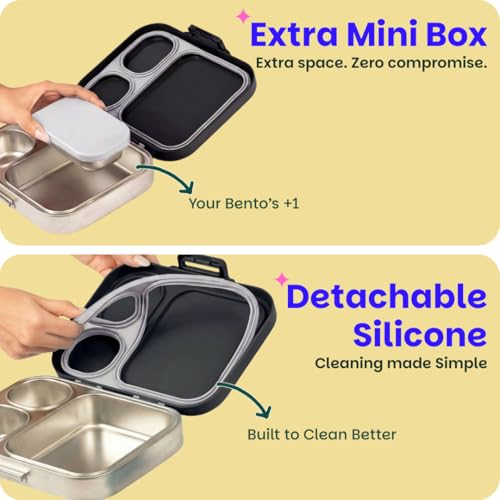 Image of Basil Bento Box Quad Plus -3+1 Compartment Stainless Steel Lunch Box (1020ml) with BPA Free Lid | Leak Proof Tiffin for Kids & Adults | Premium Lunch Box for School, Office & Picnic - Classic Black