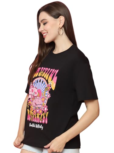 Image of Preneum Women's Cotton Aesthetic & Cool Graphic Printed Baggy Fit Drop-Shoulder Sleeves Cotton Oversized T-Shirt || Printed