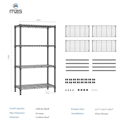 Image of M MZG 1000 lbs 4 Tier Shelf Metal Storage Shelves Shelving Wire Rack Heavy Duty Closet Organizers for Garage Kitchen Bathroom Laundry Black 15.7 inch D x 33.5 inch W x 59.5 inch H