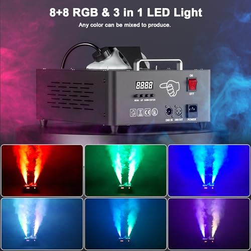Fog Machine with Lights, 2000W 30000CFM Vertical Smoke Machine 16 Colorful LED Lights, DMX & Manual Control & Wireless Remote, Smoke Machine for Party Halloween Christmas DJ Disco Outdoors (1 Pcs)