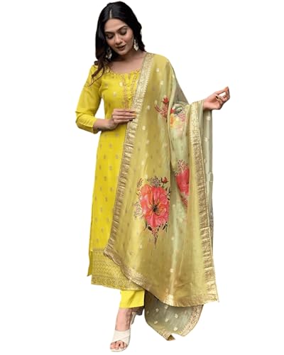 Image of Women's Viscose organza Solid 3 /4 Sleeve Round Neck Embroidered Kurta, Pant and Dupatta-Lemon-yellow-JT-045
