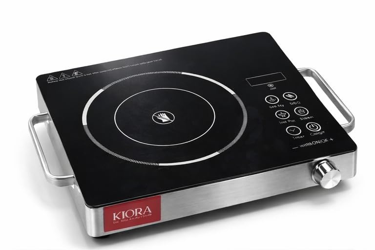 Image of KIORA Infrared Induction Cooktop, 2200 Watts, 8 Power Levels, Crystal Heating Plate, LED Display, Preset Functions, Stainless Steel Handles, Control Knob