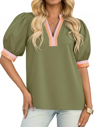 Tankaneo Womens Color Block Puff Sleeve Tops Dressy Casual V Neck Cotton Blouses Summer Loose Fit Tees Shirts Army Green